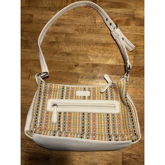 STONE & CO. Shoulder Bag White Faux Leather Multicolor Woven Straw Purse Boho - Picture 7 of 16